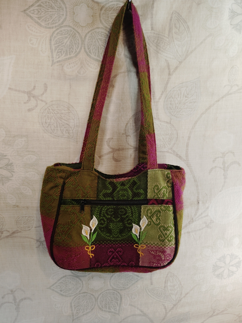 Handcrafted Green & Purple w/Embroidered Flowers Shoulder Bag